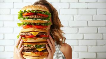 ai generiert Frau halten groß Burger, extra groß Hamburger auf Weiß Hintergrund, Raum zum Text foto