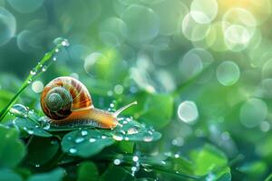 ai generiert ein Schnecke kriecht entlang ein Grün Blatt nach Regen, Nahansicht. generativ ai foto