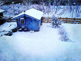 Digital Aquarell Stil von ein klein Blau hölzern Hütte nach ein Schneefall im Nord Skandinavien foto