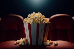 ai generiert rot Kino Stuhl mit Popcorn, . Konzept von Unterhaltung. ai generativ foto