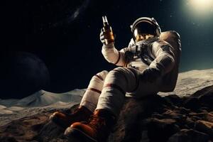 ai generiert ein Astronaut Getränke etwas Bier auf das Planet. generativ ai. foto