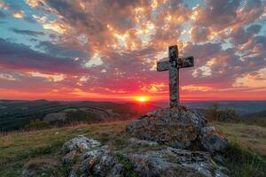 ai generiert hölzern Kreuz auf oben von ein Berg beim Sonnenuntergang, generativ ai foto