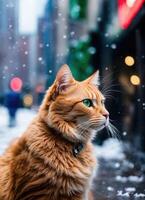 ai generiert Ingwer Katze Sitzung auf Schnee und suchen beim Kamera. Winter Hintergrund. ai generativ foto