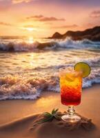 ai generiert Cocktail auf das Strand beim Sonnenuntergang. bunt Sommer- Hintergrund. ai generativ foto