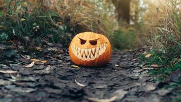 Halloween Kürbislaterne mit antropomorph lächelnd Gesicht auf Herbst Blätter draussen foto