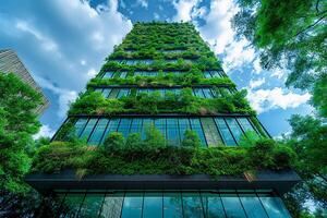 ai generiert hoch aufragend Wolkenkratzer geschmückt mit Vertikale Gardens auf mehrere Böden, symbolisieren ein harmonisch Koexistenz von modern die Architektur und natürlich Elemente, Vertikale Gartenarbeit foto