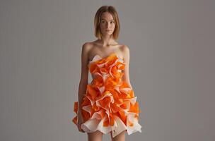 ai generiert skandinavisch Mädchen im Chip-inspiriert Kleid foto