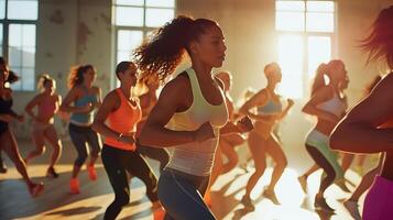 ai generiert dynamisch Fitness Klasse ermächtigen Einzelpersonen im ein sonnendurchflutet Studio mit optimistisch Musik- und Flüssigkeit Bewegungen foto