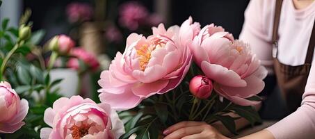 ai generiert ein weiblich Florist sammelt ein Strauß von Pionen- frisch Schnitt Blumen im Kisten und Vasen im ein Warenhaus und Gestelle zum Verkauf, Lieferung zum das Urlaub. Frühling, März 8, Damen Tag, Geburtstag. foto