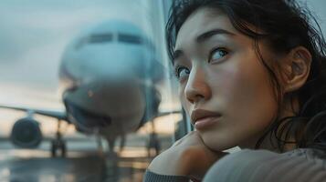 ai generiert Frau Uhren Flugzeug ausziehen, starten, abheben, losfahren durch Fenster Hand auf Glas gefangen mit 50mm Linse Fokus auf Gesicht und Hintergrund foto