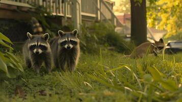 ai generiert städtisch Tierwelt Harmonie Waschbären Fuchs und Falken Umarmung Stadt Leben gebadet im Sonnenlicht inmitten Beton Urwald foto