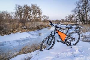 Berg Fahrrad mit ein Rahmen Tasche auf ein Ufer von das Puder Fluss in der Nähe von Greeley, Colorado, im Winter Landschaft foto