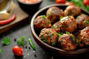 ai generiert Lamm Kofta Fleischklößchen im dunkel Küche Hintergrund ,Köfte sind ein indisch Küche. generativ ai foto