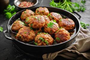 ai generiert Lamm Kofta Fleischklößchen im dunkel Küche Hintergrund ,Köfte sind ein indisch Küche. generativ ai foto