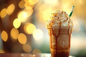 ai generiert Süss Wonne, nippen auf ein Karamell Frappuccino mit ausgepeitscht Creme. generativ ai foto