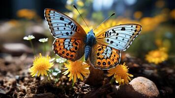 ai generiert ein entdeckt lila Baum Nymphe Schmetterling auf Gelb Blume im das Garten. Natur Hintergrund. Makro Schönheit. foto