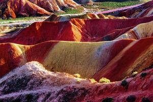 tolle Landschaft von China Berge und Blau Himmel Hintergrund im Sonnenuntergang. zhangye danxia National Geopark, Gansu, China. bunt Landschaft, Regenbogen Hügel, ungewöhnlich farbig Felsen, Sandstein Erosion foto