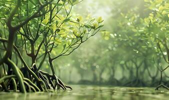 ai generiert Mangrove Wald Hintergrund Sumpf Wald Hintergrund Mangrove Bäume Mangroven Baum Wasser Wald Hintergrund foto