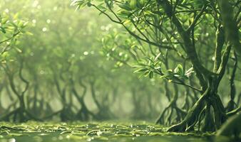 ai generiert Mangrove Wald Hintergrund Sumpf Wald Hintergrund Mangrove Bäume Mangroven Baum Wasser Wald Hintergrund foto