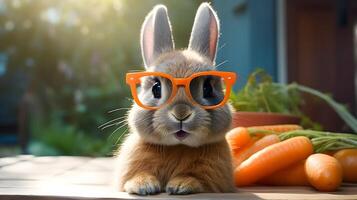ai generiert ein frech Hase trägt übergroß Gläser, mampfend auf ein Karotte mit komisch Flair,. ai generiert foto