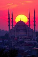 ai generiert majestätisch Sonnenuntergang hinter Moschee Minarette im still Abend. foto