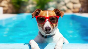 ai generiert ein Hund genießt ein Ferien beim das Schwimmen Schwimmbad, planschen und haben ein Pfoten-ein bisschen Zeit. ai generiert. foto