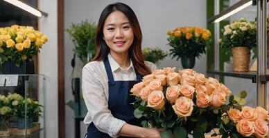 ai generiert asiatisch Frau Florist sammelt ein Strauß von Rosen- frisch Schnitt Blumen im Kisten und Vasen im Blume Geschäft und Gestelle zum Verkauf, Lieferung zum das Urlaub. Frühling, März 8, Damen Tag, Geburtstag. foto