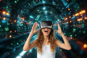 ai generiert jung Frau mit virtuell Wirklichkeit Headset oder 3d Brille eingetaucht im Virtualität Über futuristisch Hintergrund foto