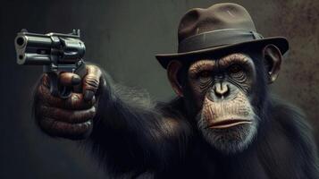 ai generiert Schimpanse im ein stilvoll Hut schwenkt ein Feuerwaffe zuversichtlich, ai generiert foto