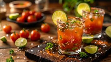 ai generiert Michelada Cocktail mit Bier, Tomate und Limette Saft. michelagua, Mexikaner blutig Maria. ai generiert foto