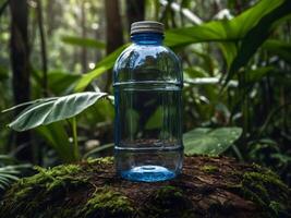 Wasser Flasche auf das Hintergrund von das Dschungel, Wald, ökologisch, auf das Hintergrund von ein Strom, Wasserfall. ökologisch Wasser foto