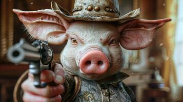 ai generiert Schwein im ein stilvoll Hut schwenkt ein Feuerwaffe zuversichtlich, ai generiert foto