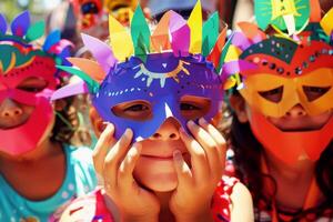 ai generiert Kinder stellen auf bunt Masken gemacht von Ausschnitte ,fünf de Mayo Festival Konzept foto