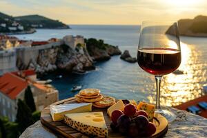 ai generiert Gourmet Käse Teller mit plavac Mali rot Wein mit Blick auf ein heiter Mittelmeer Seelandschaft foto