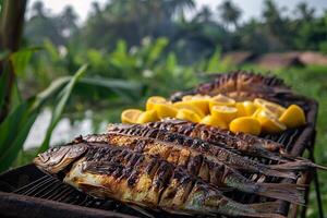 ai generiert gegrillt Fisch Delikatesse mit Abonnieren und frisch Zitronen, ein Fest zum das Sinne im ein üppig tropisch Rahmen foto