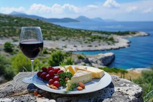 ai generiert Gourmet Käse Teller mit plavac Mali rot Wein mit Blick auf ein heiter Mittelmeer Seelandschaft foto