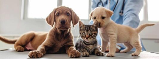 ai generiert Veterinär Untersuchung von Hunde und Katzen, Hündchen und Kätzchen beim das Tierarzt. Tier Klinik. Haustier Screening und Impfungen, Gesundheitswesen foto