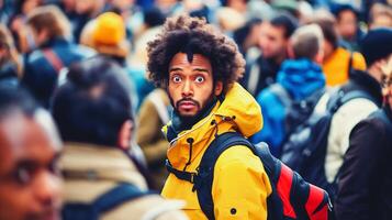 ai generiert Porträt von verwirrt suchen afrikanisch amerikanisch Mann im Gelb Jacke und afro Haar umgeben durch Menge von Menschen, Vielfalt Konzept, Hintergrund foto