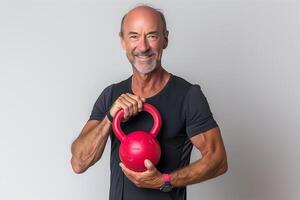 ai generiert Senior kaukasisch Mann tun Übung mit Kettlebell foto