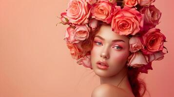 ai generiert atemberaubend Modell- im beschwingt Rose Kopfschmuck, zu Vitrine ein Haute Couture, Luxus Bild von ein atemberaubend Modell- mit ein einzigartig und kompliziert Rose Kopfschmuck, foto