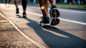 ai generiert Beine von Laufen Marathon- Teilnehmer. Gruppe von Läufer auf Stadt Straßenmarathon Laufen Wettrennen, Menschen Füße auf Straße foto