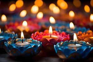 ai generiert traditionell indisch Öl Lampen zum Diwali Festival auf dunkel Hintergrund foto