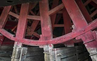 Detail von hölzern Paddel Rad von Kapitän meriwetter Lewis Seitenraddampfer Bagger angezeigt im ein trocken Dock im Brownville, Nebraska foto