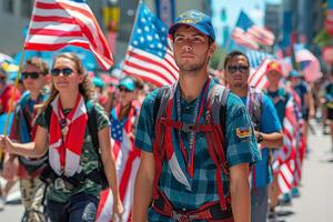 ai generiert ein Menge marschieren mit amerikanisch Flaggen auf Flagge Tag USA foto