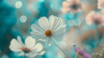 ai generiert zärtlich Blumen - - Frühling Sommer- Blumen- Hintergrund mit Bokeh bewirken foto