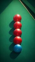 ai generiert Vorbereitung zum ein Spiel mit Billard Snooker Bälle auf Tabelle Vertikale Handy, Mobiltelefon Hintergrund foto