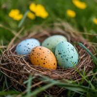 ai generiert vibrierend gesprenkelt Ostern Eier eingebettet im ein natürlich Nest unter Grün Gras und Gelb Blumen darstellen das lebhaft Wesen von Frühling Feierlichkeiten, Schönheit von Frühling im redaktionell Inhalt foto