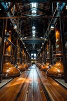 ai generiert handwerklich Whiskey Brennerei im schottisch Hochland Handwerkskunst und Erbe im launisch Rahmen foto