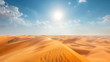 ai generiert szenisch Aussicht von riesig Wüste Dünen mit Muster von windgepeitscht Sand unter ein hell Sonne im ein wolkendurchsät Blau Himmel. foto