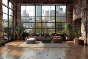 ai generiert minimalistisch städtisch Dachgeschoss mit ausgesetzt Backstein und groß foto